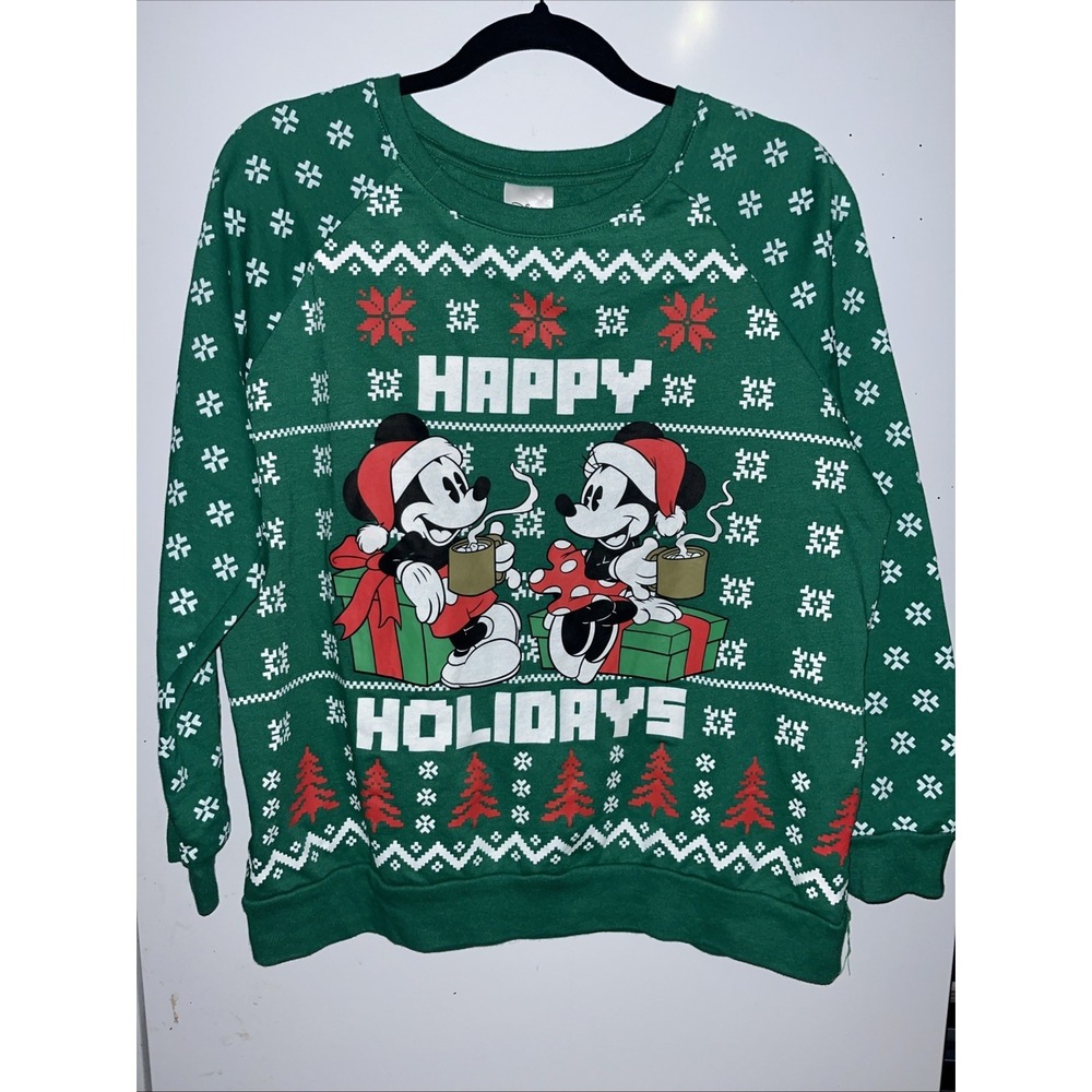 Disney Juniors Large Mickey & Minnie Happy Holidays Sweatshirt Christmas Green